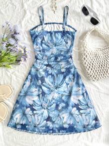 青少年女孩蓝白水彩印花领结前部装饰连衣裙，适合节日 - 藍白色 - 查看 2