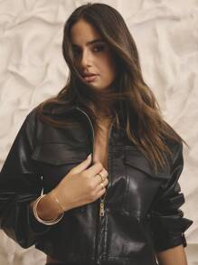 Aralina Veste courte à l'aspect PU avec manches larges et boutons-pression, style hiver