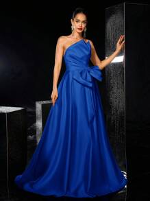 Glamrae 优雅浪漫缎面不对称垂坠露肩超大蝴蝶结装饰高开衩长裙，适合晚会、单身派对、约会、正式礼服 - 寶藍色 - 查看 7