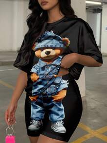 Slaydiva 2 Paquetes de Conjunto de Camiseta de Manga Corta y Pantalón Corto de Efecto Vaquero con Estampado Lindo de Oso en Talla Grande para Damas, Informal de Verano