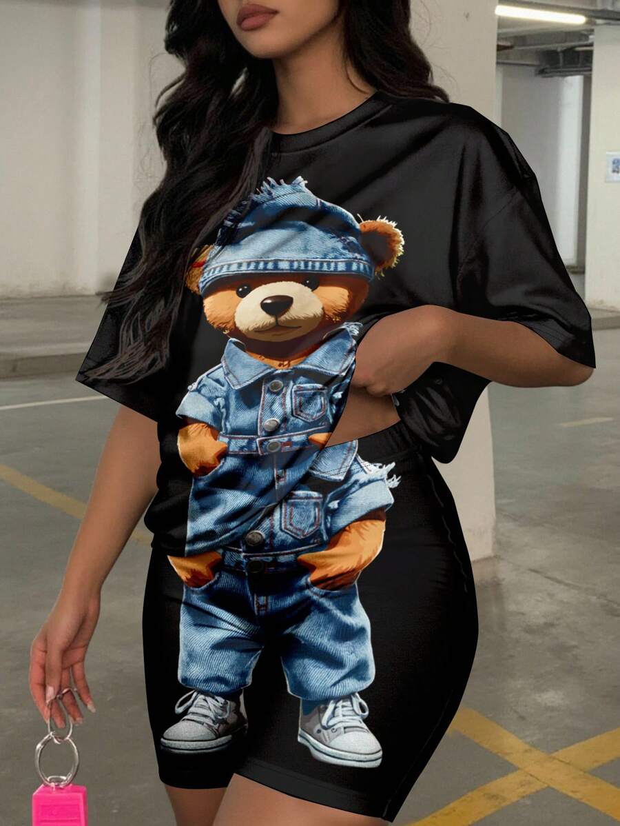Slaydiva 2 Paquetes de Conjunto de Camiseta de Manga Corta y Pantalón Corto de Efecto Vaquero con Estampado Lindo de Oso en Talla Grande para Damas, Informal de Verano