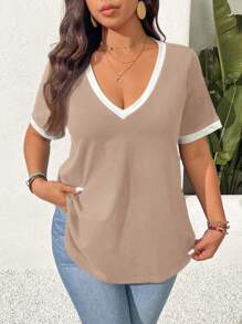SHEIN Frenchy Plus Size Casual Colorblock Patchwork Short Sleeve T-Shirt, Summer - Khaki - View 2