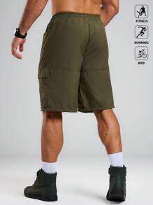 Acti Log Pantaloni scurți sport casual pentru bărbați, culoare solidă, cu talie cu șnur, vară - Verde Armată - Vizualizare 2