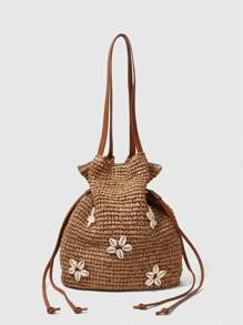 ROMWE Fairycore 1pc Khaki Woven Raffia Tote Bag And Accessories, Fashionable Personalized Beach Resort Style Ladies Handbag