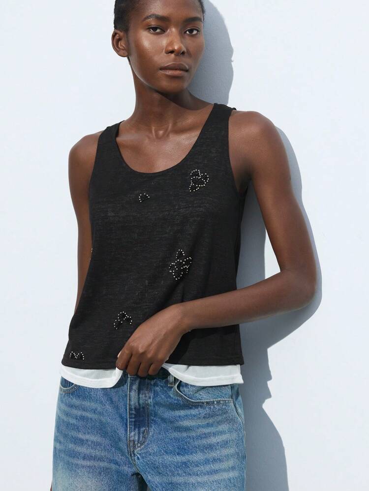 SHEIN Maija 2025 Autumn New Black & White Patchwork Beaded Embroidered 2 In 1 Tank Top , Modern Elegant Urban Romantic Refined Y2K Country Music Festival Vintage Korean Airport Travel Street Wedding Guest Birthday Halloween Business Casual Office Date Party Outing Back To School Fall Women's Wear