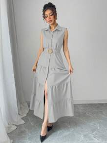 Elenzga Women Casual Solid Color Front Button Long Dress - Grey - View 3