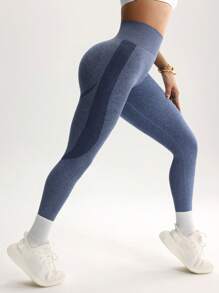 Easithlete 女式高腰无缝紧身裤 - 修身收腹提臀紧身裤，适合跑步、骑行、瑜伽、泡菜球运动、休闲 - 藍色 - 查看 8