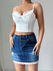 Elenzga Fashionable Bodycon Floral Lace Elastic Denim Mini Skirt - Dark Wash - View 4