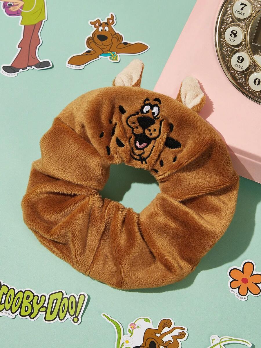 SCOOBY-DOO X SHEIN Cute Puppy Embroidered Cartoon 3D Ear Furry Elastic Hair Scrunchies, Large Brown - Brown - View 1