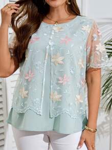 EMERY ROSE Plus Size Women Floral Embroidered Mesh Round Neck Short Sleeve Fashion Blouse, Tunic Top,Summer,Going Out Tops Women,Summers For Women,Country Concert,Vacation Tops,Bohemian Clothes,Countrys Women,Teachers For Women,Business Casual Women,Fall Women Clothes