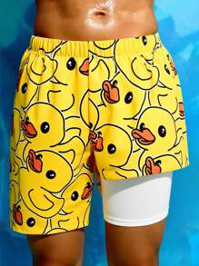 SHEIN Kids/Tween Boys Casual Multi-Way Comfortable Yellow Duckling Print Loose Patchwork Lining Swim Trunks Beachwear, Swimsuit, Swimsuits, Teen Swimsuits, Tween Bathing Suits Boys Duck Shorts Boys Yellow Shorts Duck Bathing Suit Boys Bathing Suit Shorts Yellow Duck Shorts