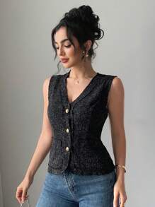 女士休闲通勤V领前扣吊带背心，夏季 - 黑色 - 查看 7