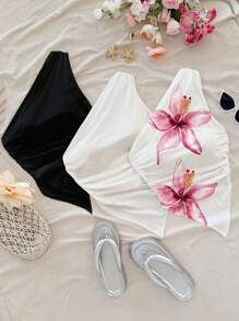 Soleia 3pcs/Set Women Casual Ruched Asymmetric Hemline Tight Camisole Tank Top Set, Suitable For Summer Holiday, Floral Print Suitable For Going Out