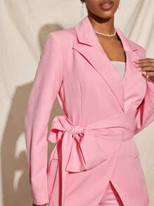 EBIB 优雅淡粉色腰带垫肩西装外套女式休闲办公套装