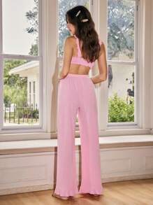 Lowkey Lull 女士纯色荷叶边下摆前系带短款上衣和裤子睡衣套装 - 粉色 - 查看 2