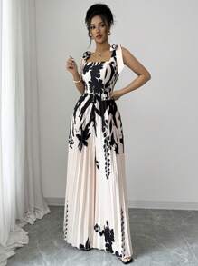 Elenzga Women's Apricot Printed Crisscross Strap Design Relaxed Vacation Style Jumpsuit - Apricot - View 5