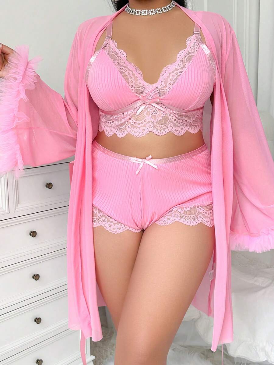 SHEIN Set de 3 piezas: Top corto camiseta con volantes y encaje + Kimono de malla con cuello alto y mangas anchas, talla grande - Rosa - Ver 1