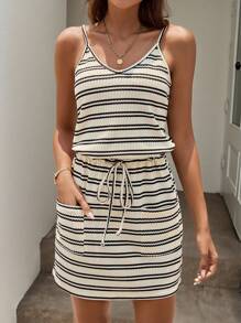 SHEIN LUNE Women's Spring/Summer Stretchy Waffle Checkered Striped Dress With Cinched Waist, Double Pocket, And Straps