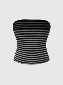 ROMWE J-Fashion 大码女款 Y2K 条纹标语和星星印花褶饰抹胸上衣 - 深灰色 - 查看 2