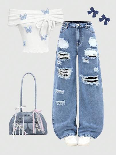 Sparklyn 少女破洞水洗宽松阔腿休闲牛仔裤，美式复古美学