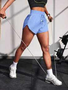 Powerista Shorts casuales de deporte para mujer con estampado de letras y cordón en la cintura, shorts de entrenamiento - Púrpura malva - Ver 5