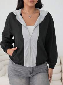 SHEIN EZwear 秋冬季办公、返校季、休闲、外出、约会、日常穿着、连帽外套、拼接连帽外套、二合一、黑灰撞色、百搭、大码女式秋季外套 - 黑色 - 查看 1