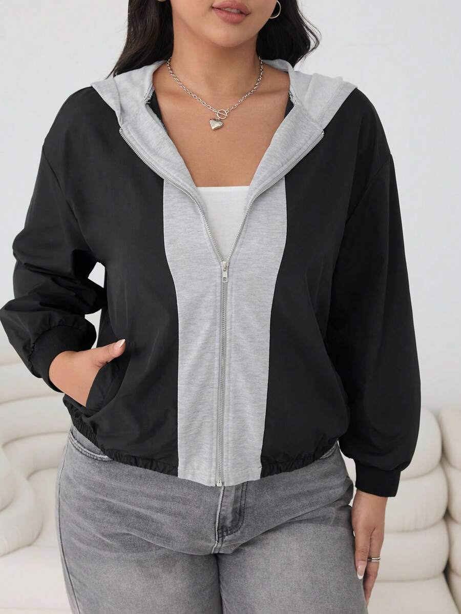 SHEIN EZwear 秋冬季办公、返校季、休闲、外出、约会、日常穿着、连帽外套、拼接连帽外套、二合一、黑灰撞色、百搭、大码女式秋季外套 - 黑色 - 查看 1