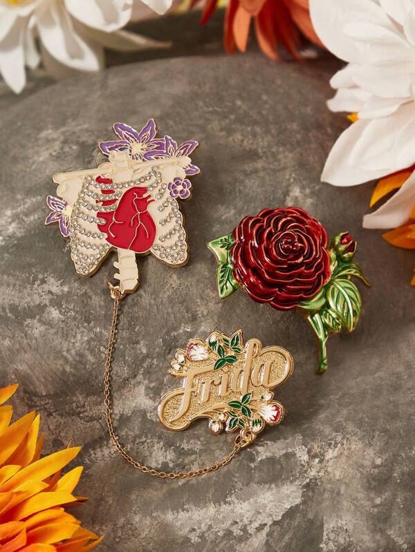 Frida Kahlo X SHEIN 3pcs Set Fashionable Elegant Exquisite Rhinestone Zinc Alloy 3D Flower Brooch Pins, Rose Floral Design, Suitable For Vacation, Photography, Dress, Coat Matching, Gift