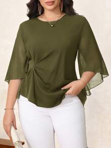 SHEIN Clasi Blus Kasual Lengan Lebar Warna Polos Elegan Ukuran Besar, Cocok untuk Guru Wanita di Musim Gugur - Hijau Tentara - View 1