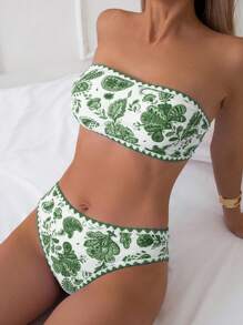 SHEIN Swim Costume da bagno bikini da donna con stampa floreale estiva, sexy, con gonna copricostume - Verde Scuro - Visualizzare 3