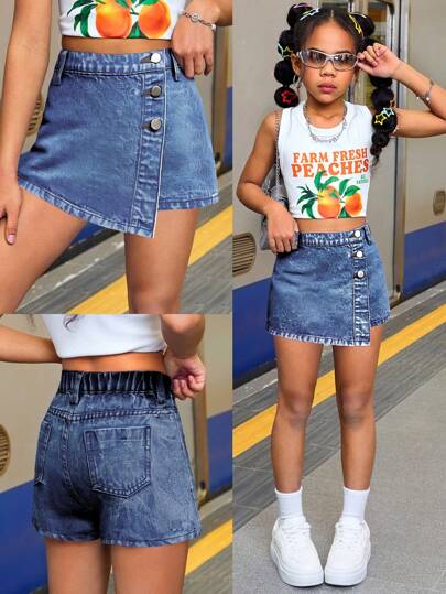 SHEIN Tween Girl Summer Y2K Casual Boho Asymmetrical Button Denim Skort, For Girls Summer Clothes Vacation And Daily Streetwear