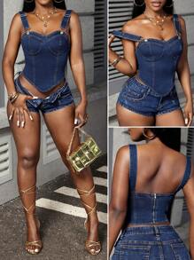 SHEIN VaVaLuxe Women's Solid Color Slim-Fit Asymmetrical Hem Denim Camisole Top - Blue - View 1