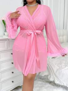SHEIN Set de 3 piezas: Top corto camiseta con volantes y encaje + Kimono de malla con cuello alto y mangas anchas, talla grande - Rosa - Ver 3