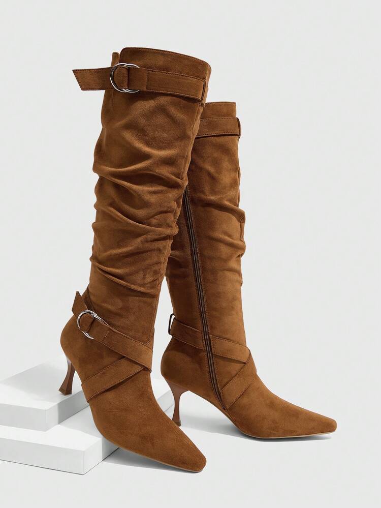 CUCCOO SZL Women Pointed Toe Suede Stilettos With Buckle Strap Decor, Simple Yet Fashionable Comfortable Pleated Design Side Zip Boots For Everyday & Party Wear