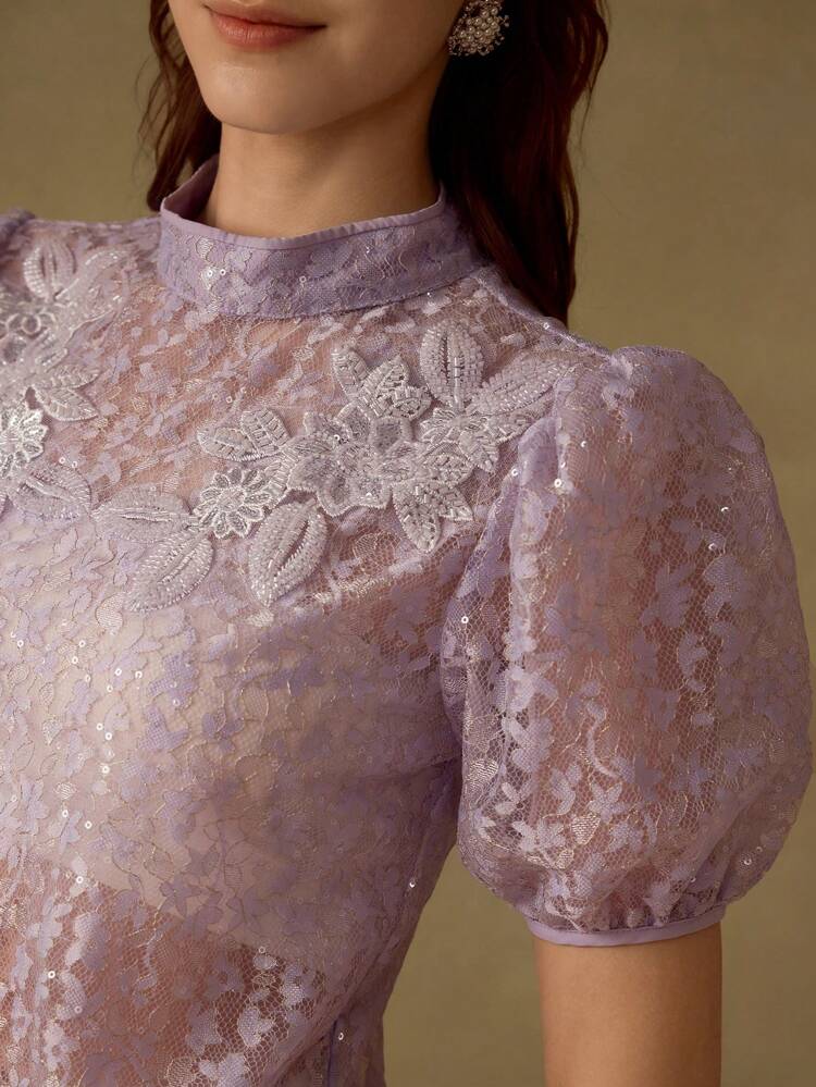 SHEER APPLIQUES PUFF SLEEVE BLOUSE