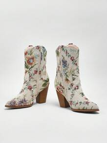 Solezae 女士花朵刺绣斜角粗跟尖头西部踝靴 - 甜美风格，适合音乐节、都市牛仔竞技等场合，母亲节礼物 - 彩色 - 查看 4