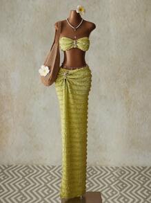 SHEIN ICON Falda tipo túnica de playa con estampado de estrella de mar y efecto arrugado, ideal para el 4 de julio o conciertos country - Verde - Ver 6