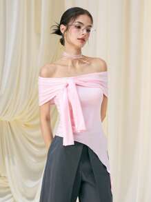 SHEIN MOD Women's Solid Color Cinched Waist Off Shoulder Tie-Up Top ,Women Summer Clothes, Vacation, Pink, Country Concert,Y2k Tops - Pink - View 6