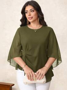 SHEIN Clasi Blus Kasual Lengan Lebar Warna Polos Elegan Ukuran Besar, Cocok untuk Guru Wanita di Musim Gugur - Hijau Tentara - View 6