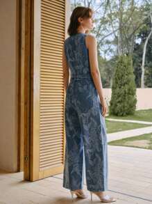 MOTF PREMIUM Mono vaquero de pierna ancha con estampado floral, abotonadura con aplicaciones de perlas falsas y rhinestone, hebilla y cinturón