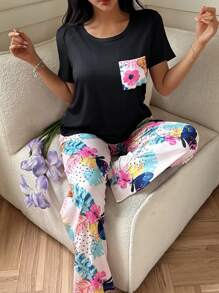 SHEIN 蝴蝶与花朵印花女士休闲睡衣套装 - 黑色 - 查看 5