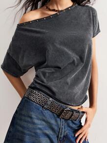 Bohemela Casual Solid Color Knit Asymmetrical Neck Loose T-Shirt For Women