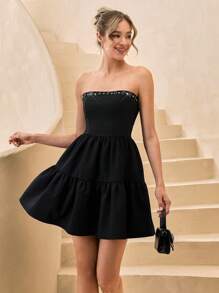 CLARA VERO Vestido con hombros descubiertos, silueta línea A, con aplicaciones de strass, romántico, elegante y chic