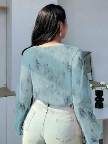 Dazy Plus 加大码圆领花卉印花雪纺泡泡袖优雅衬衫，适合春夏秋季，秋季女装长袖上衣 - 藍色 - 查看 2