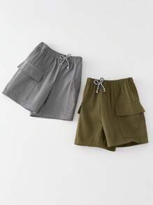 2 Piezas Niño Pantalones cortos cargo sueltos de malla tejida de color simple y versátil, Compre uno y llévese otro gratis, Adecuado para la temporada de primavera y verano - Multicolor - Ver 2