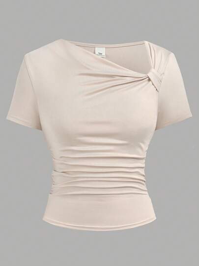 SHEIN Girlism Tonårsflickor T-shirts sned krage veckad kortärmad T-shirt, sommar ny design figurnära casual topp