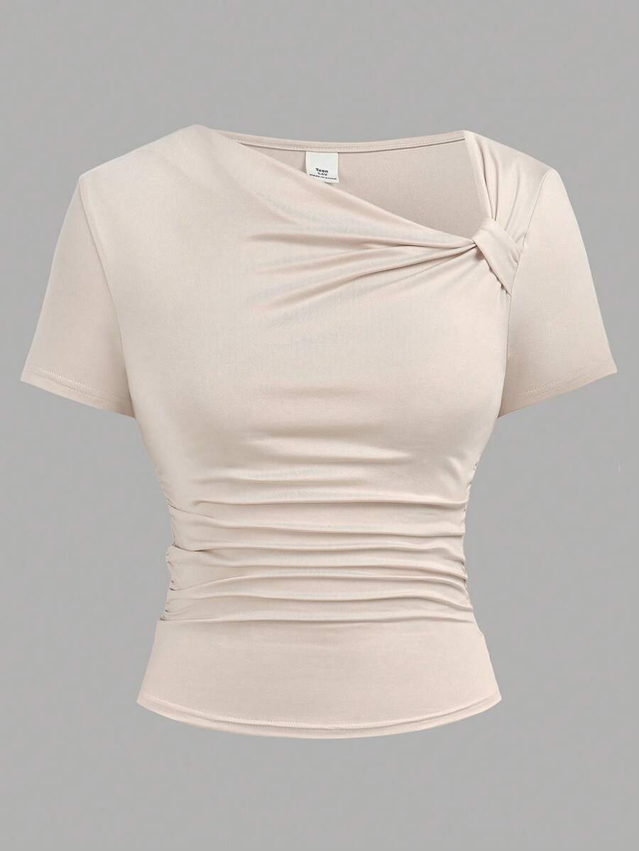 SHEIN Girlism Teen Girls T-Shirts Oblique Collar Pleated Short Sleeve T-Shirt, Summer New Design Fitted Casual Top - Apricot - View 1