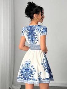 Breezaya Floral Print V-Neck Tied Elegant Dress