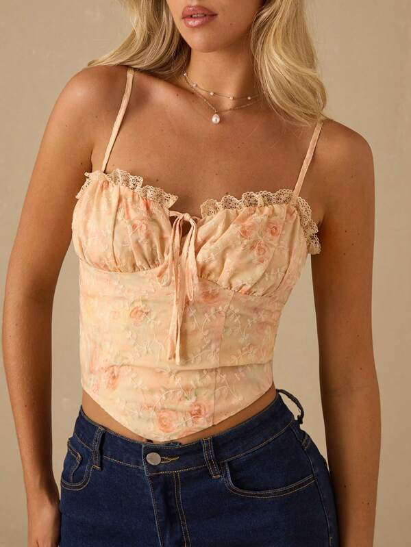 Enchnt Top elegant pentru femei cu imprimeu floral și broderie, model camisol, pentru vară