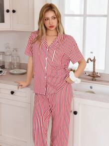 SHEIN Women Striped Print Loose Collared Short Sleeve Pajama Set  Cozy And Elegant Details - Red - View 6